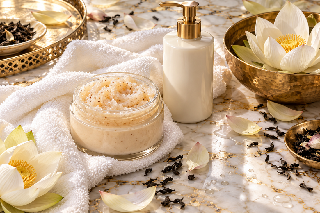 Flat-lay of a body scrub jar, lotion bottle, folded towel and dried lotus petals on a marble surface