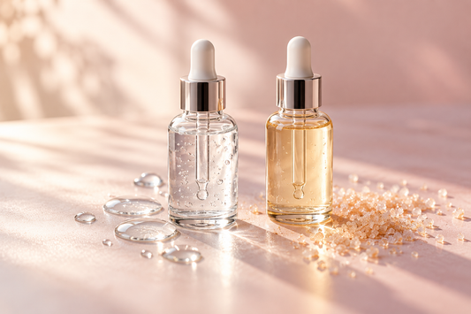 Two plain glass dropper bottles on a soft pink background, one with water droplets and one with fine crystals, representing hyaluronic acid and glycolic acid