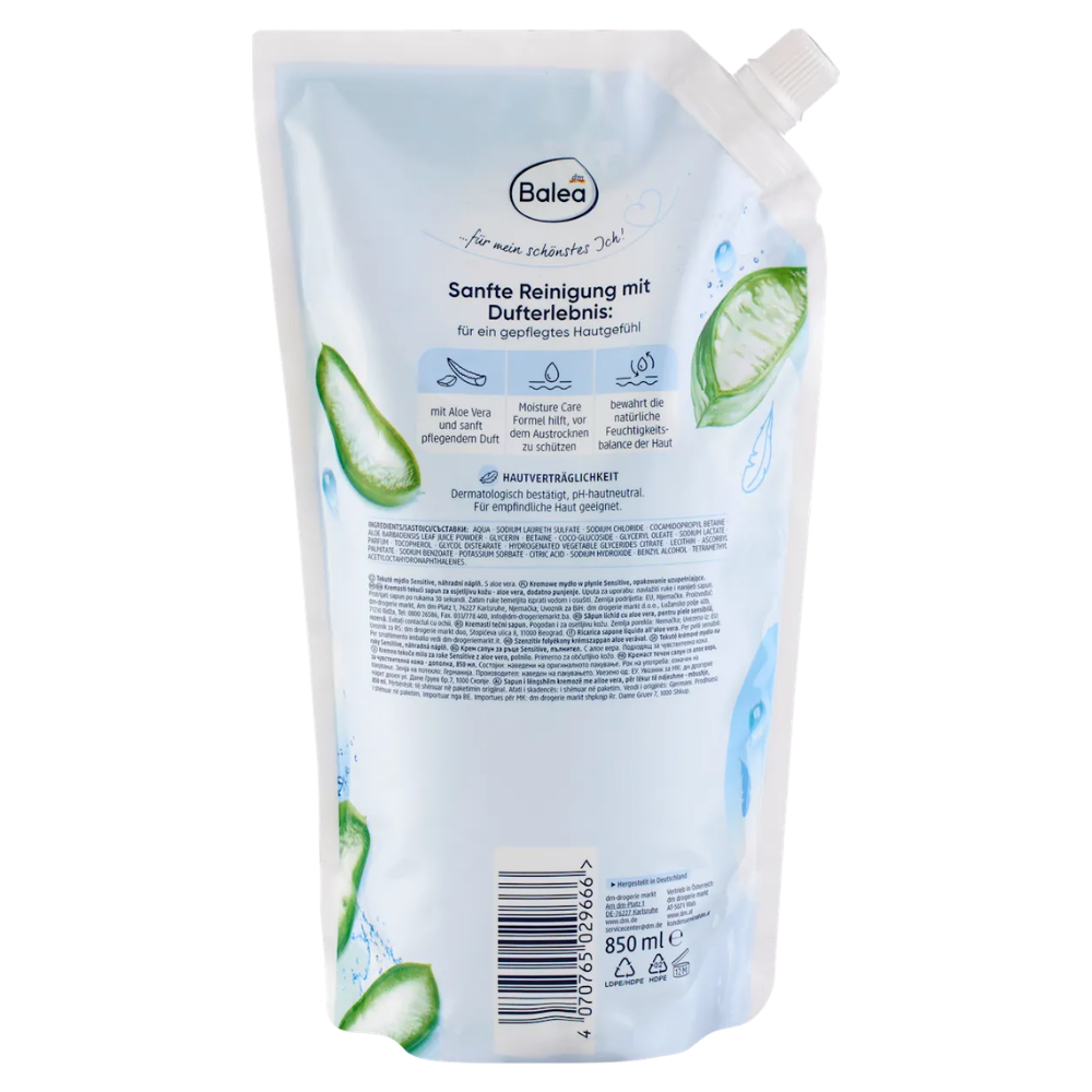 Balea Cream Soap Sensitive with Aloe Vera Refill Pack – 850 ml