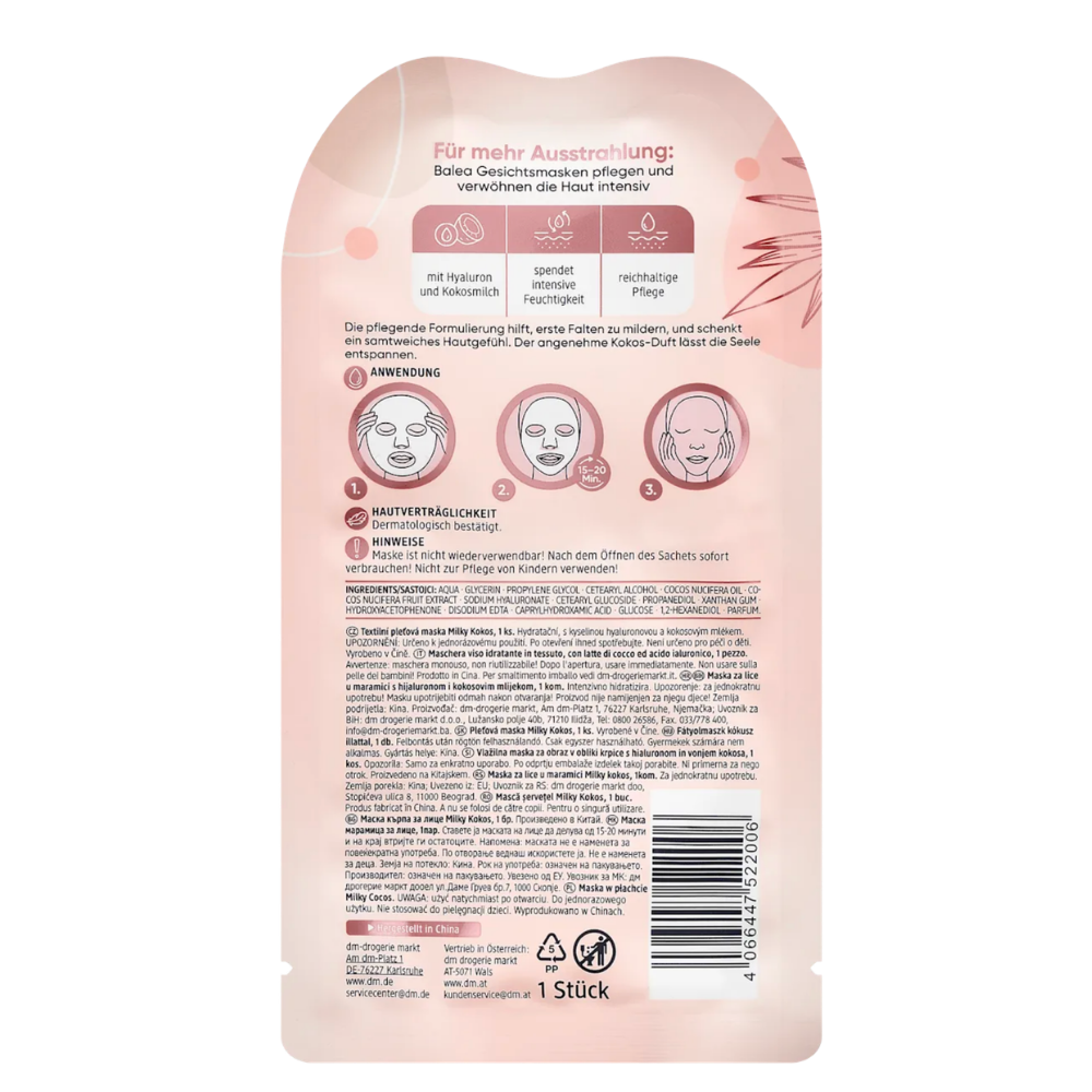BALEA - MILKY COCONUT SHEET FACE MASK - 1 Sheet