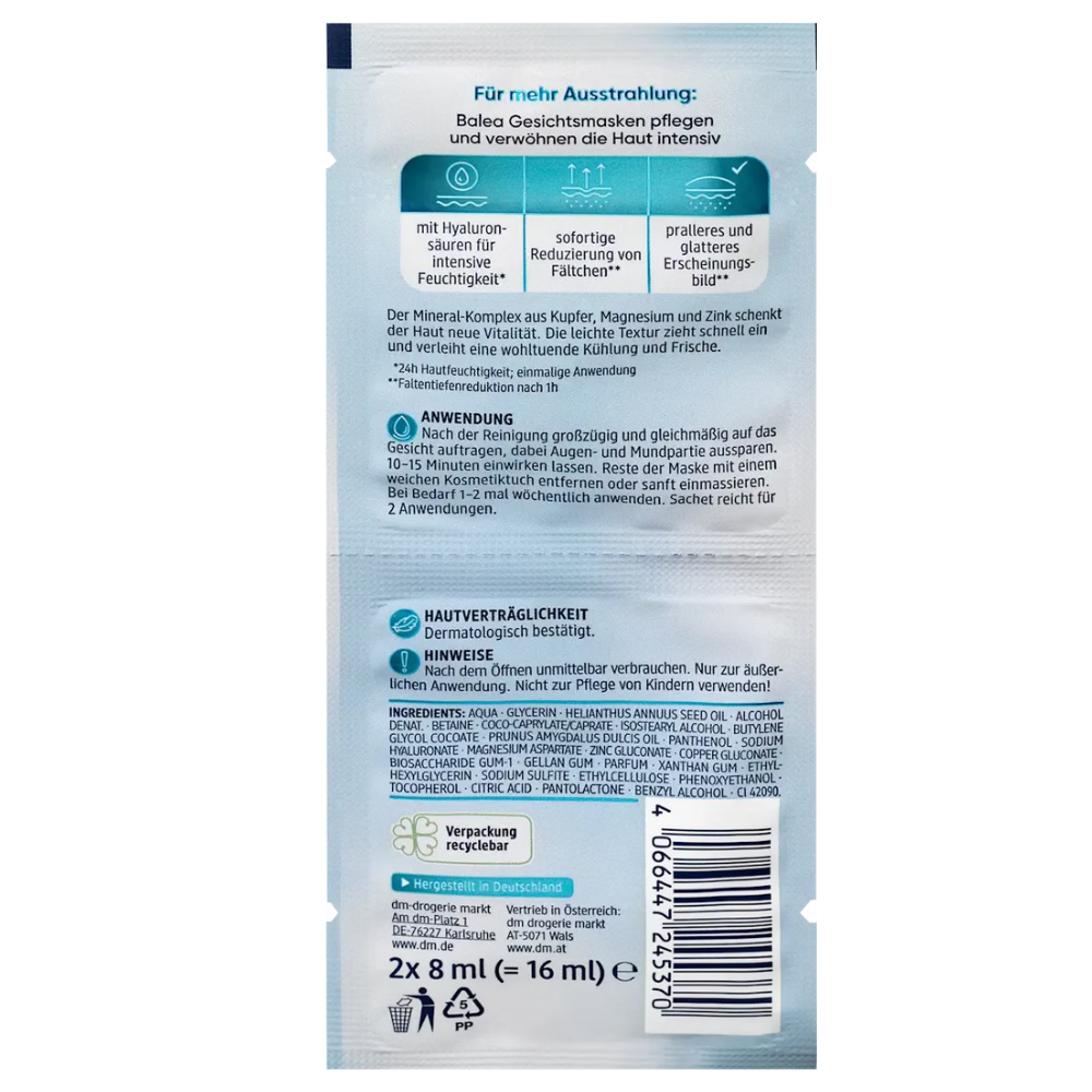 HYALURONIC ACID FACE MASK  - BALEA - 2 x 8ml
